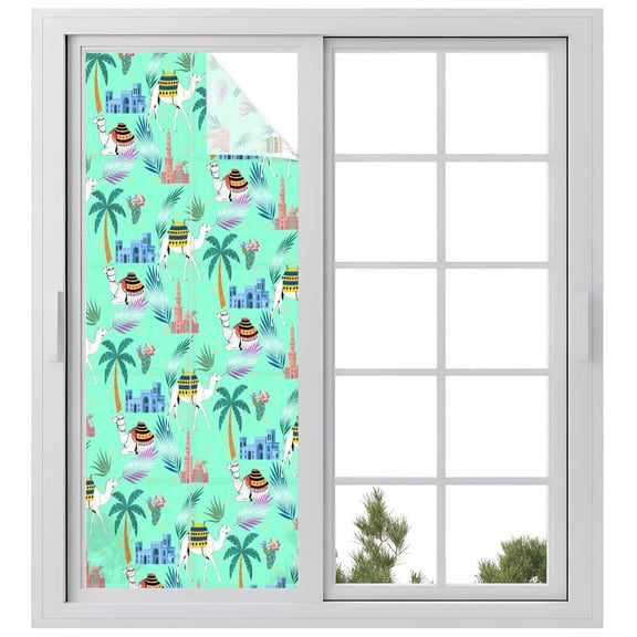 Desert Camels Window Privacy Film, Cute Animals Houses Palm Trees Leaves Green Static Cling UV Sun Blocking Heat Control Window Tint Day and Night, Non-Adhesive One Way Privacy Cover 23.6''x59''