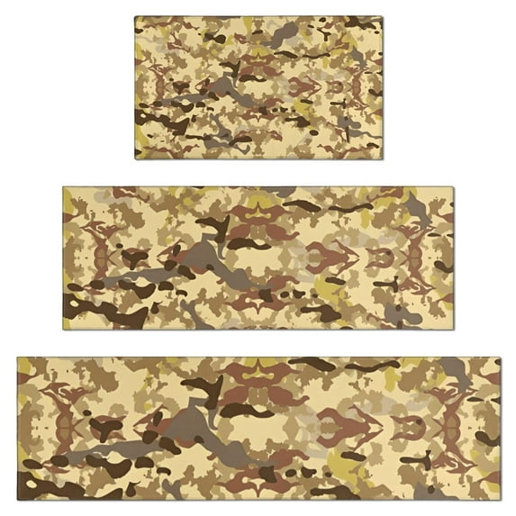 Desert Camo Beige Pattern Kitchen Rugs Sets Of 3,Kitchen Runner Rugs Non Skid Washable,Decorative Kitchen Floor Mats for Kitchen,Sink,Laundry,17"x30"+ 17"x47" + 17"x59"