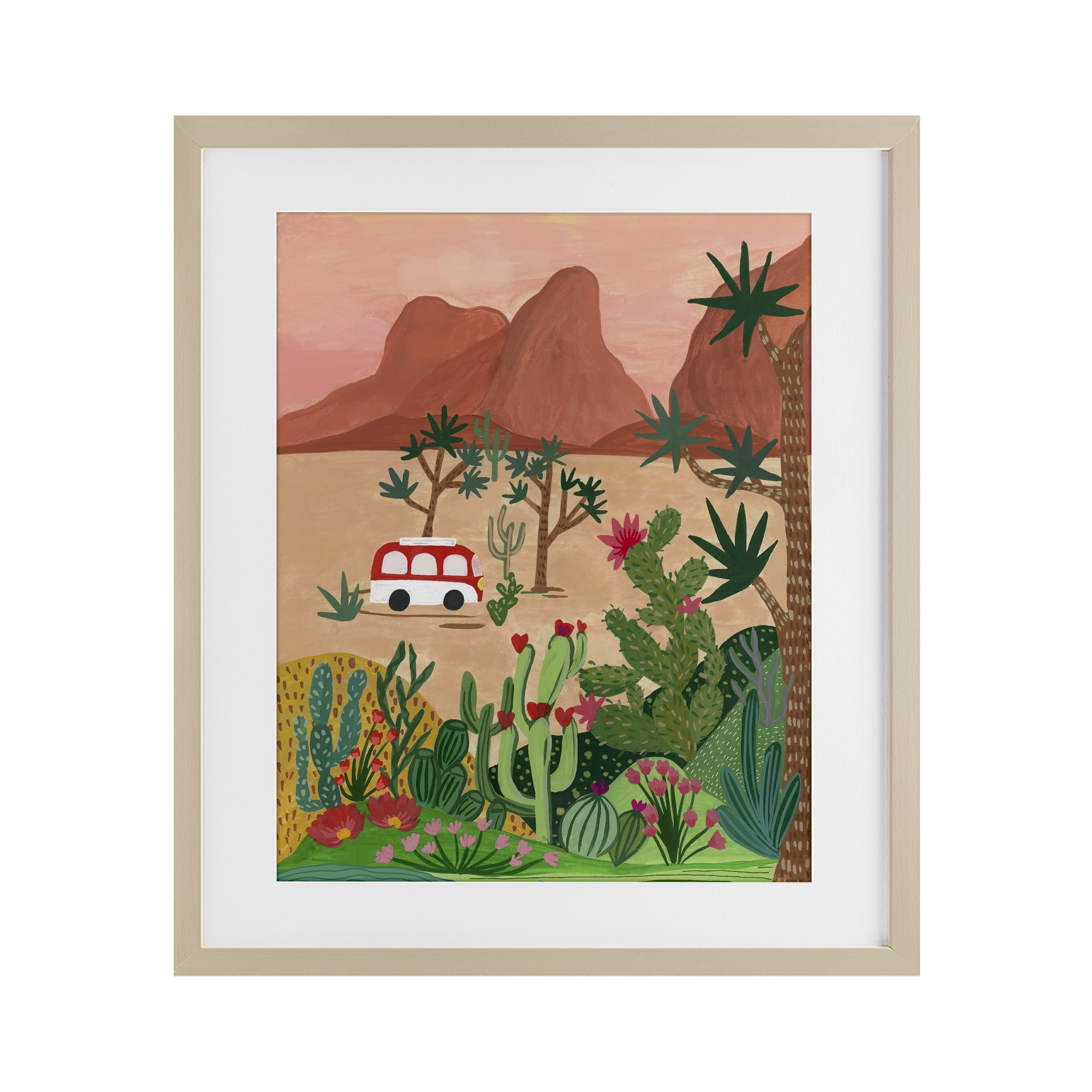 Desert Camper & Cacti Birch Framed Print Under Glass, design by Nabeela Rumi