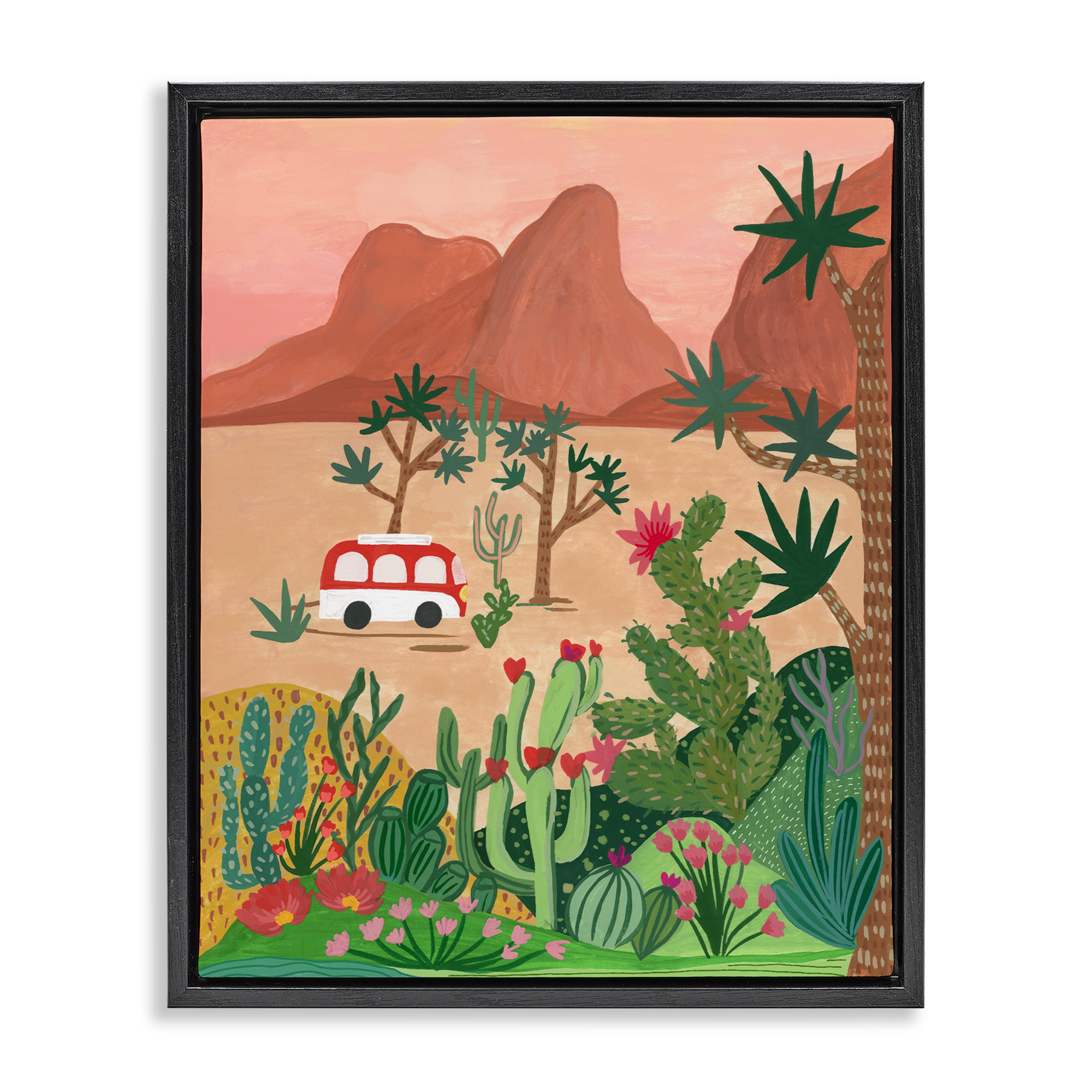 Desert Camper & Cacti Black Framed Floater Canvas Wall Art, design by Nabeela Rumi