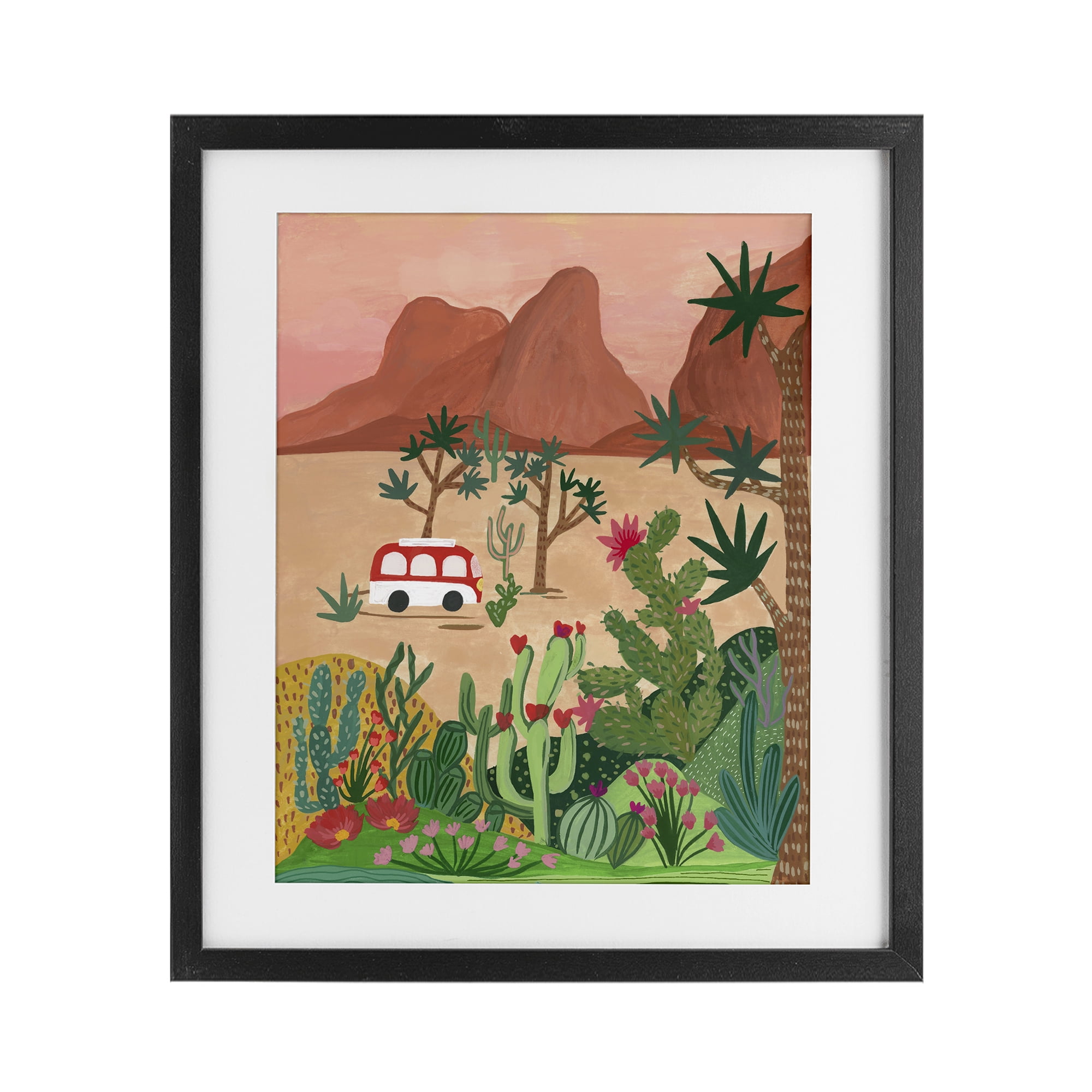 Desert Camper & Cacti Black Framed Print Under Glass, design by Nabeela Rumi