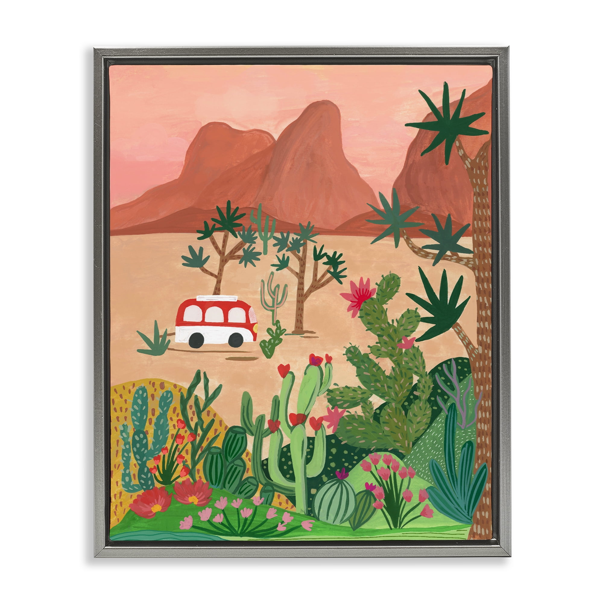 Desert Camper & Cacti Gray Framed Floater Canvas Wall Art, design by Nabeela Rumi