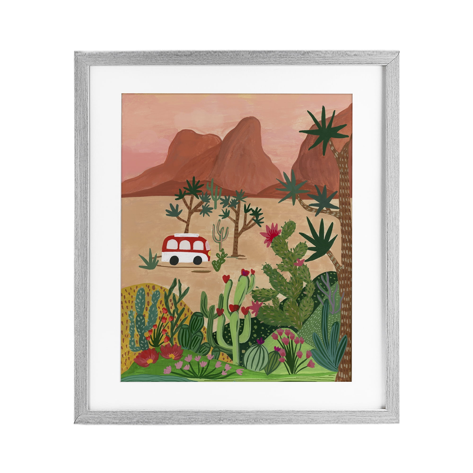 Desert Camper & Cacti Gray Framed Print Under Glass, design by Nabeela Rumi