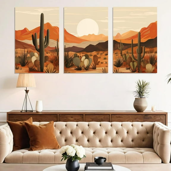 Desert Canvas Wall Art, Cactus Canvas Wall Art, Mid Century Modern Desert Cactus Sun Picture Decor, Country Western Decor, Western Sunset Landscape Painting, Living Room, Hangings (24" x 36" x 3 pcs)