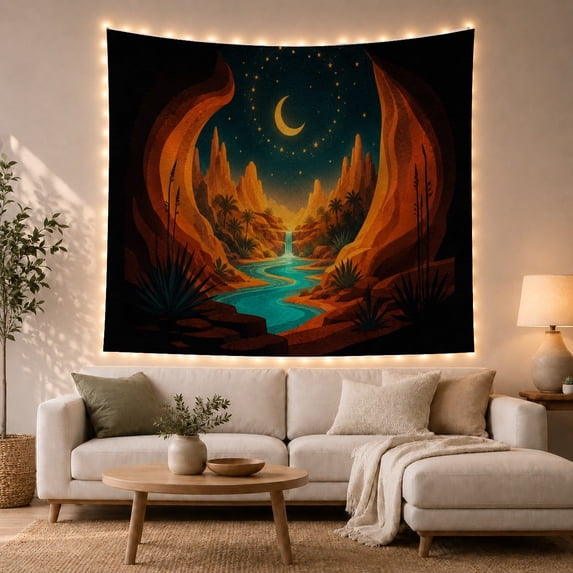 Desert Canyon Beneath a Crescent Moon with Palm Trees, Mystical Fantasy for Nature Lovers, Night Landscape Art, Housewarming Gift, Tapestry Wall Hanging for Studio and Bedroom