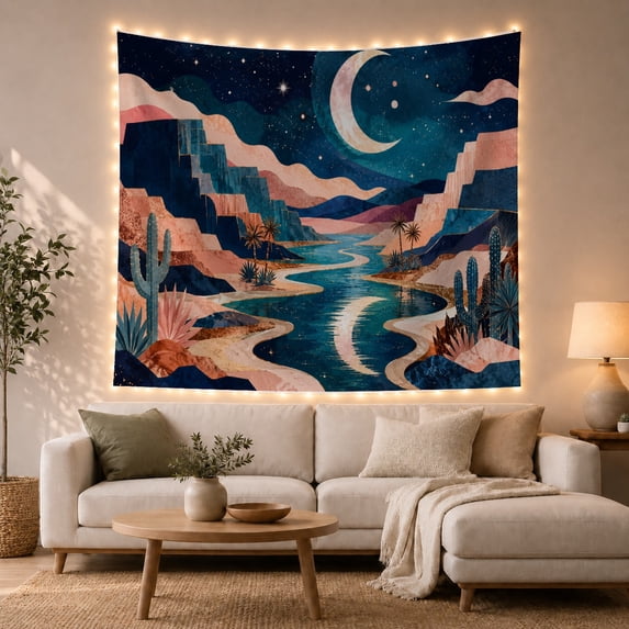 Desert Canyon Beside a River Under a Crescent Moon, Whimsical Fantasy for Nature Lovers, Southwest Wall Art, Housewarming Gift, Tapestry Wall Hanging for Bedroom and Studio