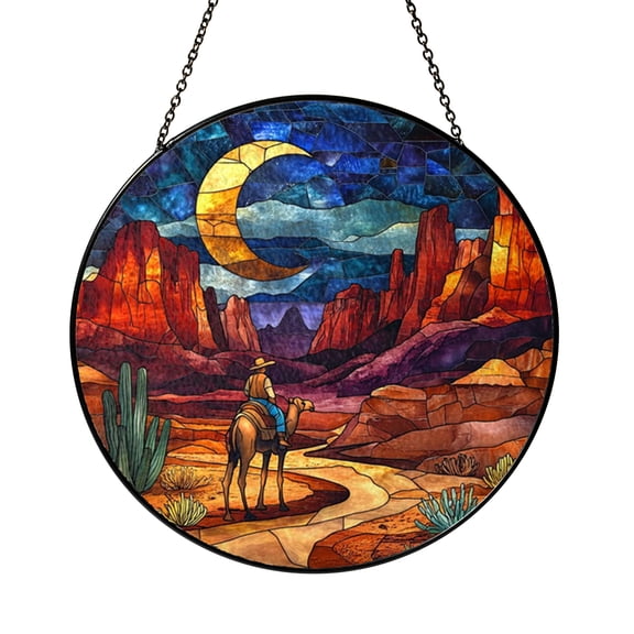 Desert Canyon Camel Rider Stained Glass Suncatcher Window Hanging, Scenic Travel Inspired Decor Gift