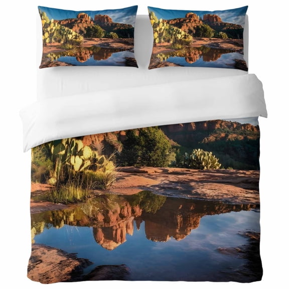 Desert Canyon Lake King Duvet Cover Set, Nature Rustic Southwestern Decorative 3 Piece Bedding Set with Zipper Closure Soft Breathable Microfiber Comforter Cover & 2 Pillowcases