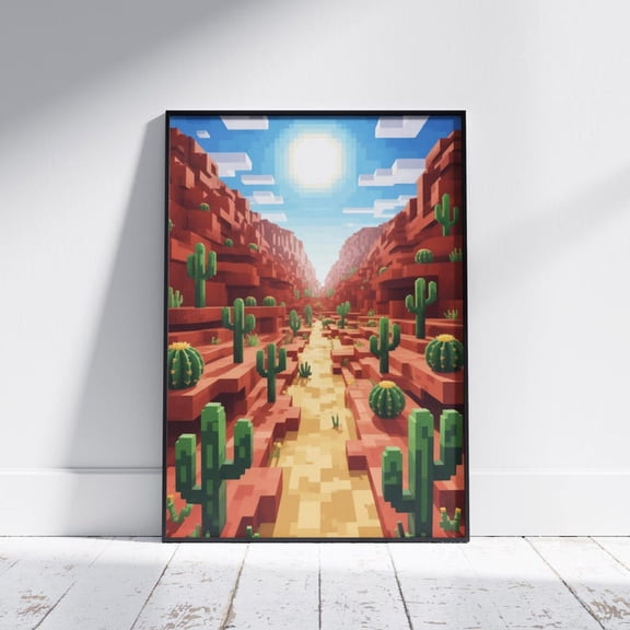Desert Canyon Landscape Wall Art Poster – Pixel Adventure Scene Inspired by Minecraft World 8x12 UNFRAMDE