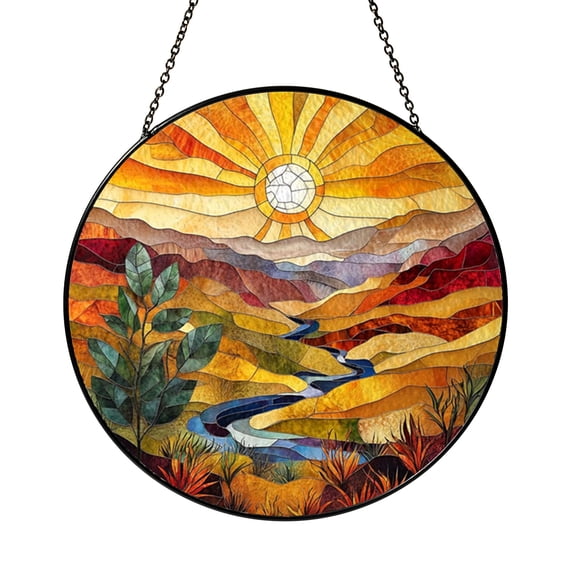 Desert Canyon Sunset Stained Glass Window Panel with River View, Nature Themed Home Accent and Memorable Gift Idea