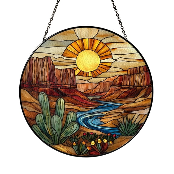 Desert Canyon Sunset Window Decor – Stained Glass Style Nature Panel