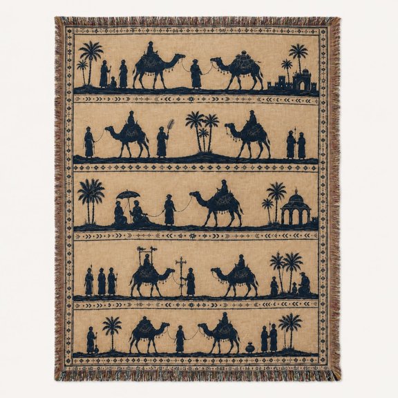 Desert Caravan Woven Cotton Throw Blanket ā Camel Silhouette Design, Fringed Edges, 3 Sizes