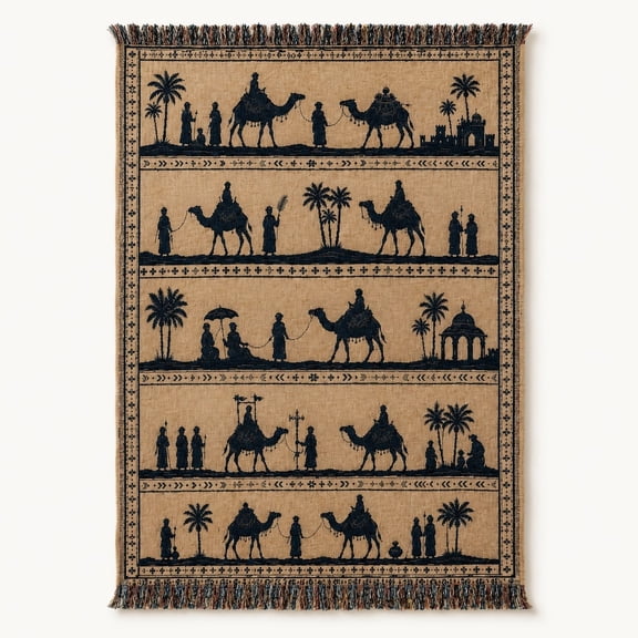Desert Caravan Woven Cotton Throw Blanket with Fringe, Camel Scene