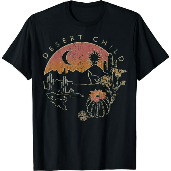 Desert Child Night Landscape Outline Graphic T-Shirt Black 3X-Large