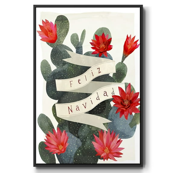 Desert Christmas Cactus I - Framed Gallery Wrapped Holiday Canvas - 17 x 25 - Black Frame