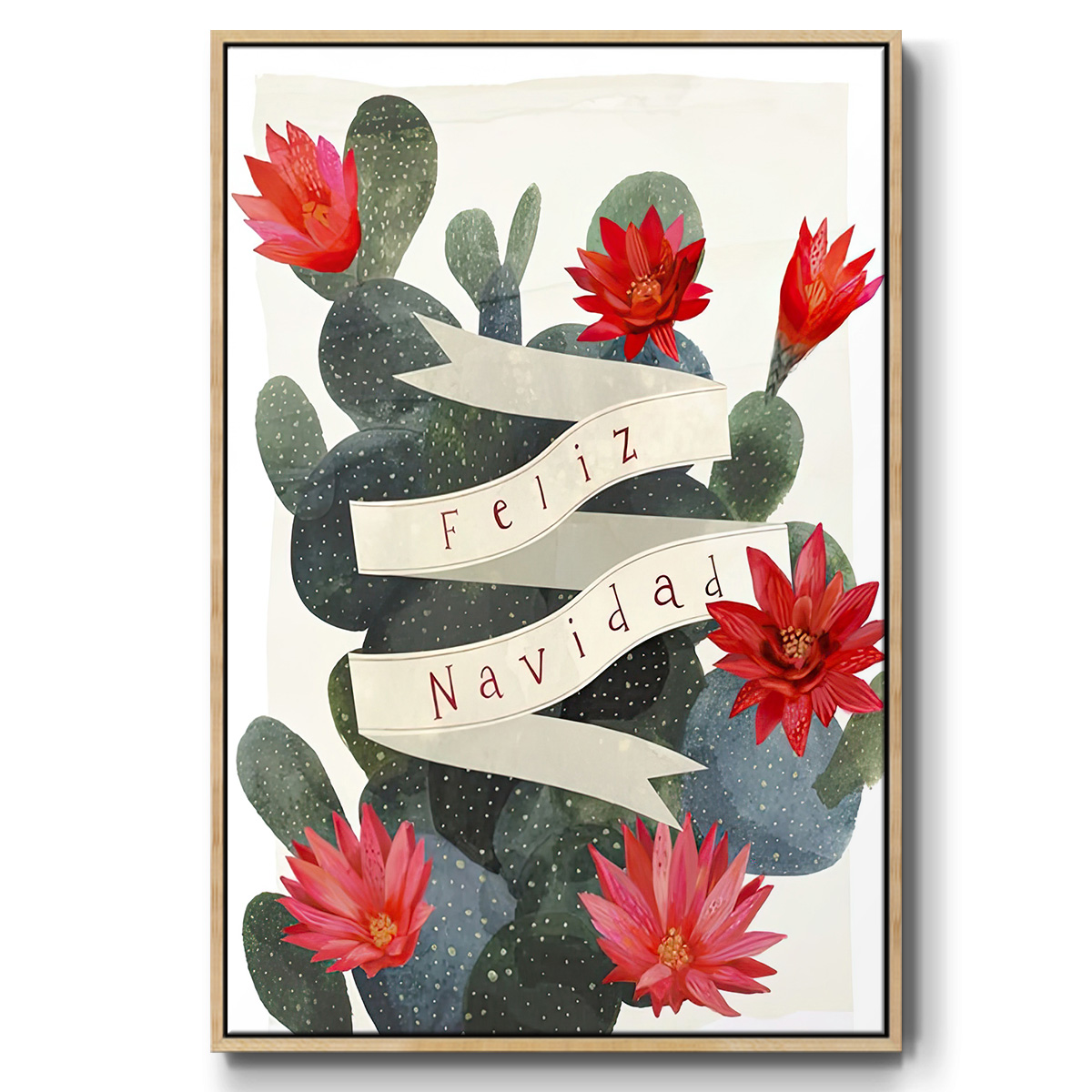 Desert Christmas Cactus I - Framed Gallery Wrapped Holiday Canvas - 17 x 25 - Natural Wood Frame