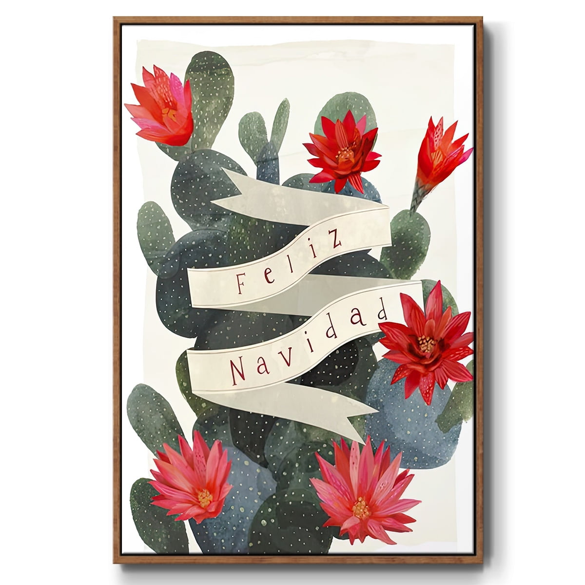 Desert Christmas Cactus I - Framed Gallery Wrapped Holiday Canvas - 25 x 37 - Rosewood Frame