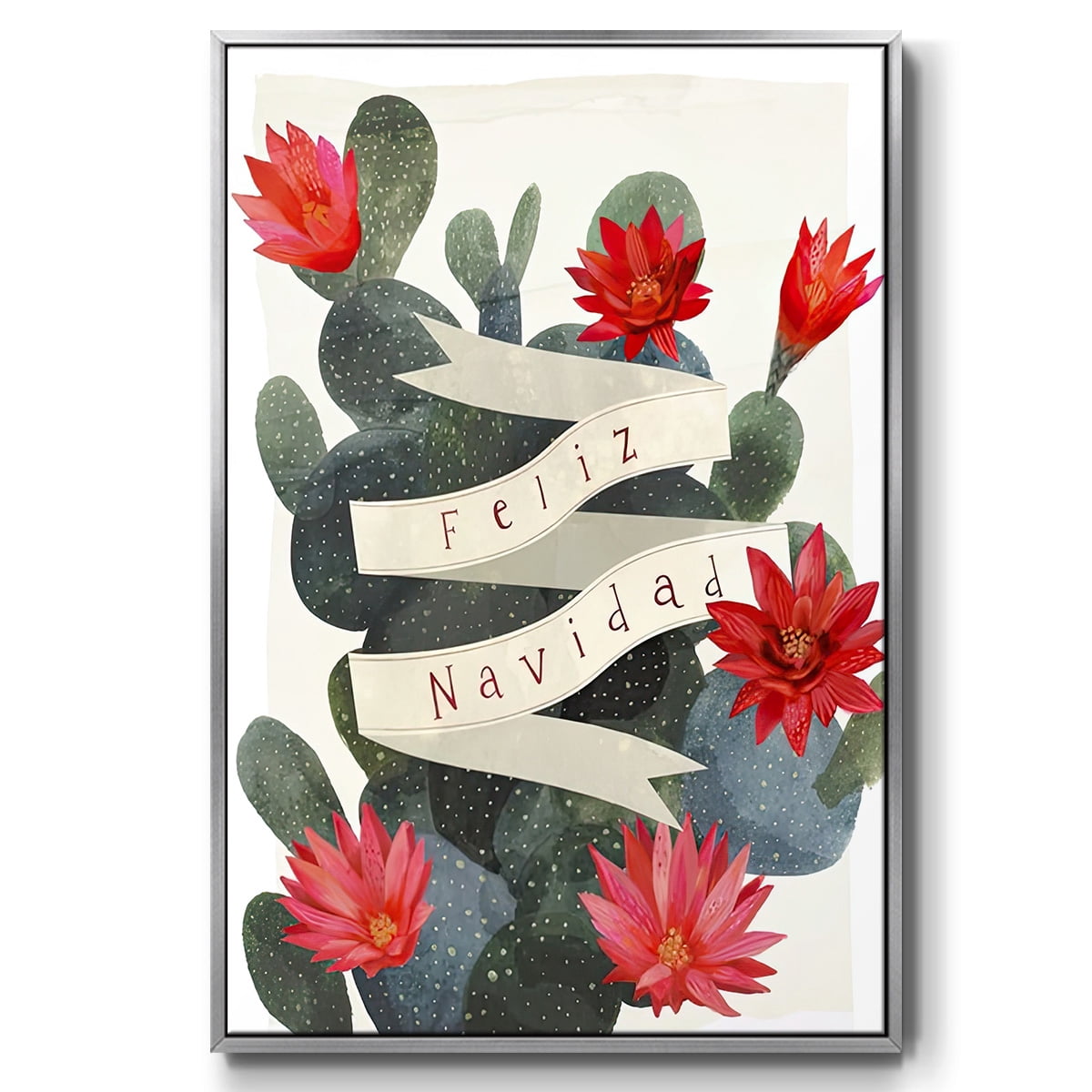 Desert Christmas Cactus I - Framed Gallery Wrapped Holiday Canvas - 25 x 37 - Silver Frame