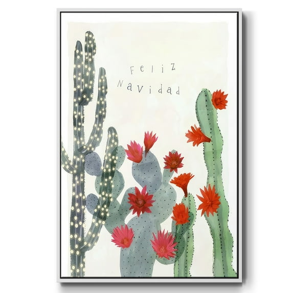 Desert Christmas Cactus II - Framed Gallery Wrapped Holiday Canvas - 17 x 25 - White Frame
