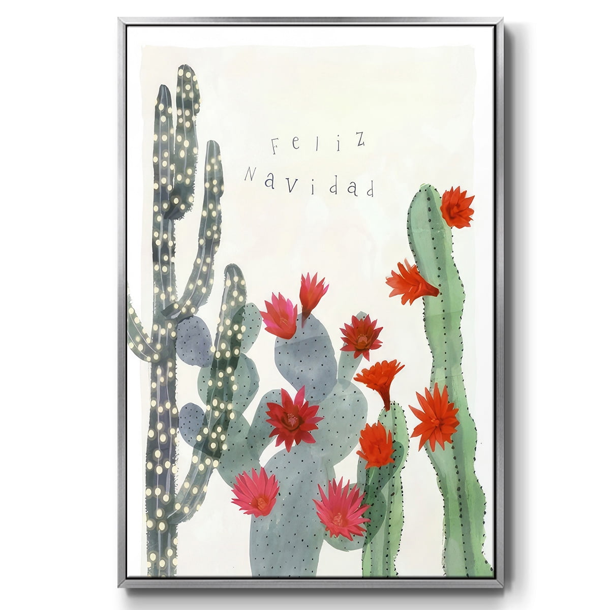 Desert Christmas Cactus II - Framed Gallery Wrapped Holiday Canvas - 27 x 41 - Silver Frame