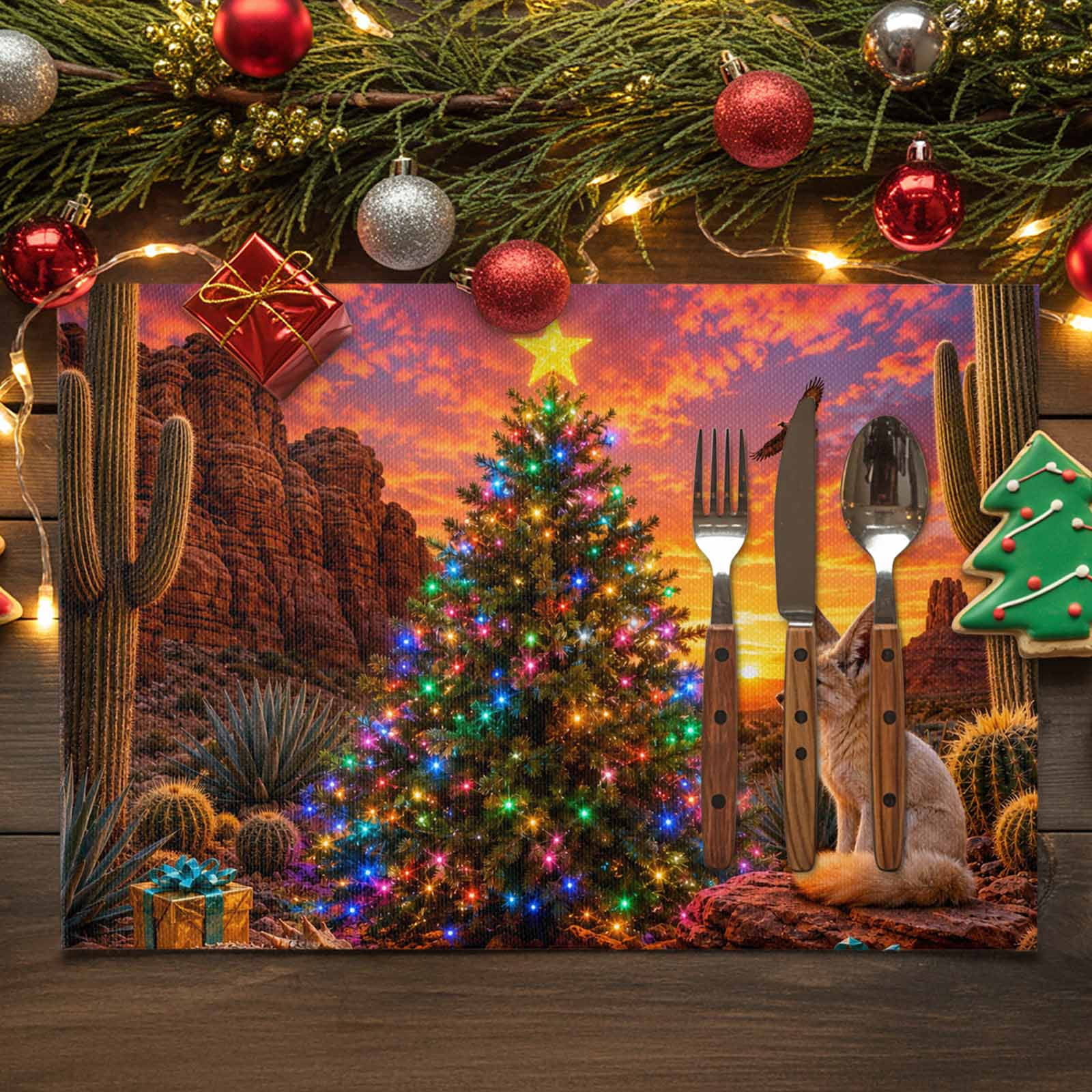 Desert Christmas Tree Cotton Linen Placemats Set of 1, Rustic Fox ...