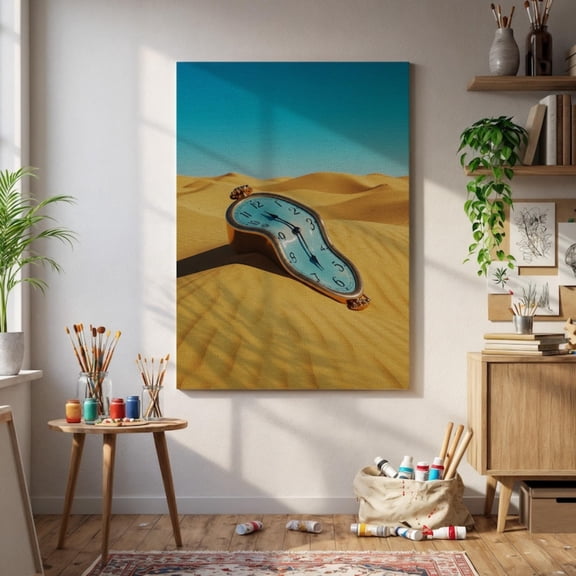 Desert Clock Canvas Art Melting Time Blue Watch Wall Print Dreamlike Surrealism Decor for Modern Homes or Creative Spaces