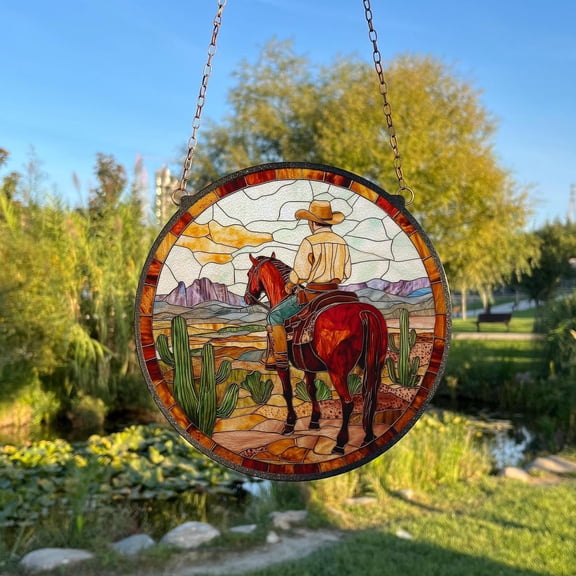 Desert Cowboy Painted Stained Glass Suncatcher, Window Hanging Decor, Outdoor Sun Catcher Decor, Mirrorball Wall Decor