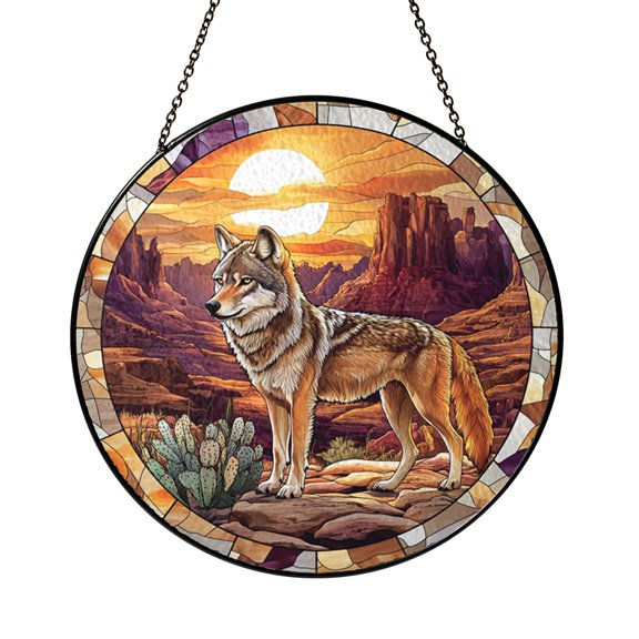 Desert Coyote Stained Glass Suncatcher Window Hanging, Coyote with Mountain Sunset Round Glass Art Panel, Desert Scene with Cactus Window Decor, Decorative Hanging Ornament for Home