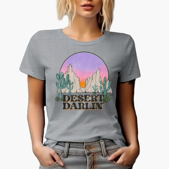 Desert Darlin with Retro Western Desert Art Merch Gift, Heather Grey T-Shirt, XL