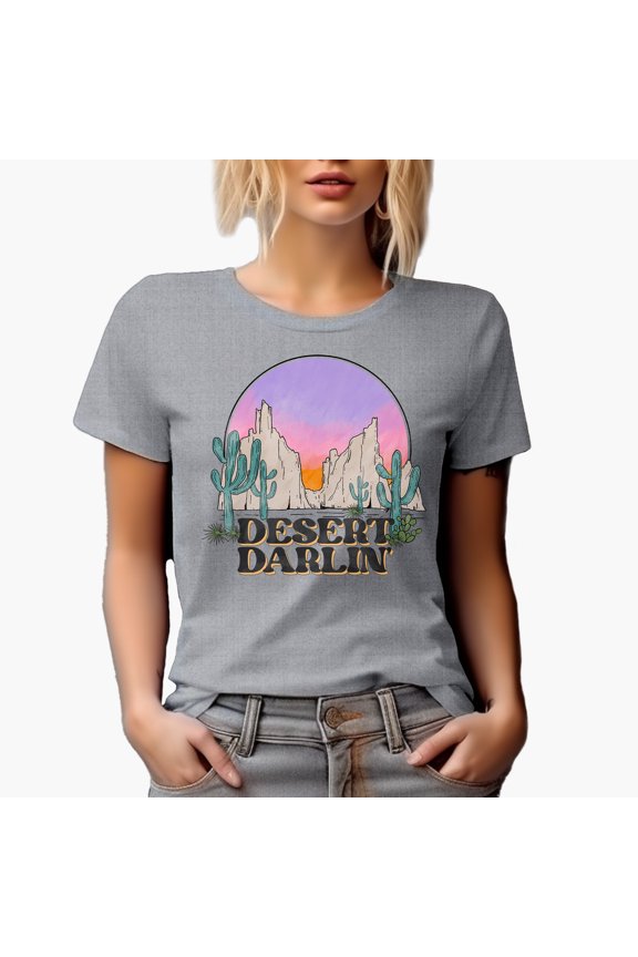Desert Darlin with Retro Western Desert Art Merch Gift, Heather Grey T-Shirt, XL