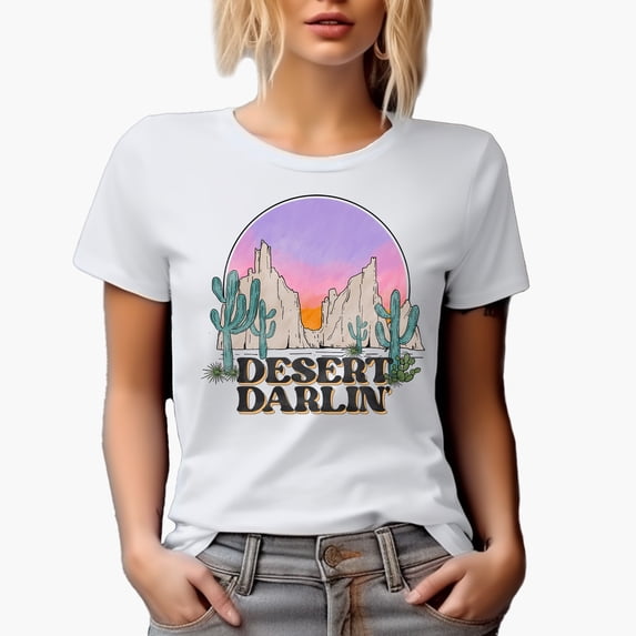 Desert Darlin with Retro Western Desert Art Merch Gift, White T-Shirt, XL