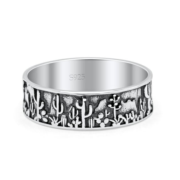 Desert Design Cactus Traditional Oxidized Band Solid 925 Sterling Silver Size 8