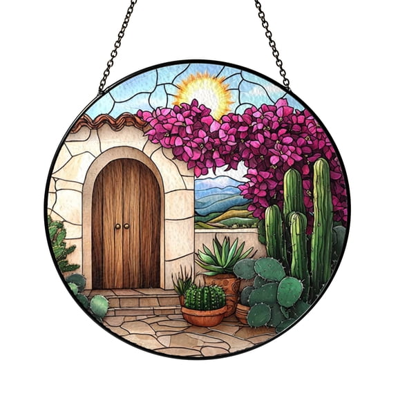 Desert Doorway With Cactus Scene Stained Glass Style Window Hanging Suncatcher, Unique Landscape Decor Gift