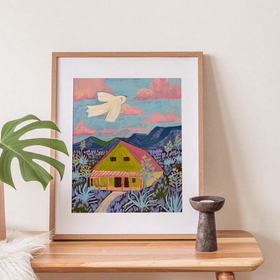 Desert Dove Mid Century Modern Texas Landscape Wall Art Print, Modern Living Room And Office Decor