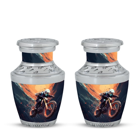 Desert Drift: Motocross Challenge Modern Miniature Cremation Box - Sleek Small Urn for Adult Remembrance Funeral Urns For Human Ashes - Memorial Urns 3 Inch, Set Of 2