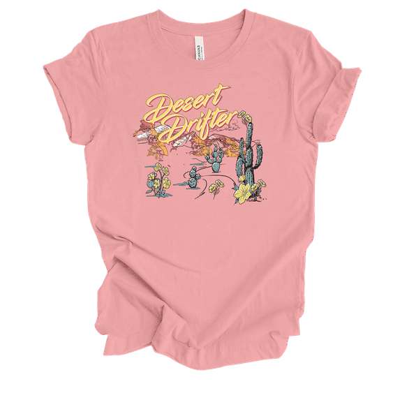 Desert Drifter Western Mountains Road Trip Barren Oasis Short Sleeve Ladies Graphic T-Shirt-Pink-xxxl
