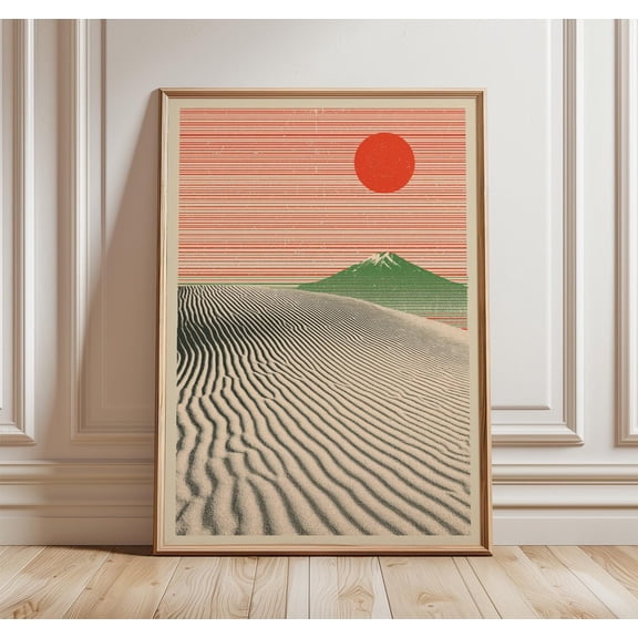 Desert Dune Landscape Japanese Minimal Style Sun and Mountain Abstract Valley, Unframed Poster