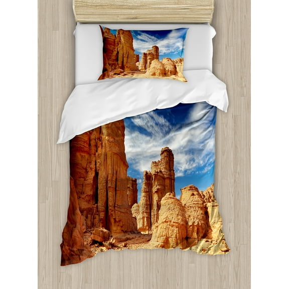 Desert Duvet Cover Set, Bizarre Sandstone Cliffs in Sahara Desert Tassili N'Ajjer Algeria, Decorative 2 Piece Bedding Set with 1 Pillow Shams, Twin Size, Navy Blue Mustard Orange, by Ambesonne