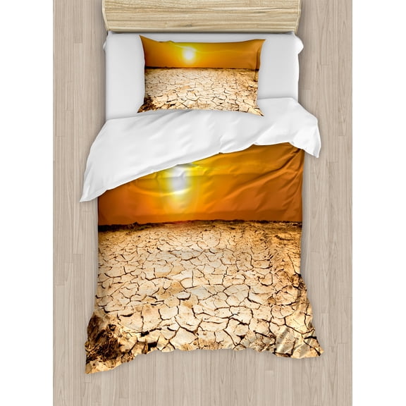 Desert Duvet Cover Set, Drought Land and Hot Weather Climate Theme Sun Arid Country Landscape, Decorative 2 Piece Bedding Set with 1 Pillow Shams, Twin Size, Sand Brown Orange Yellow, by Ambesonne