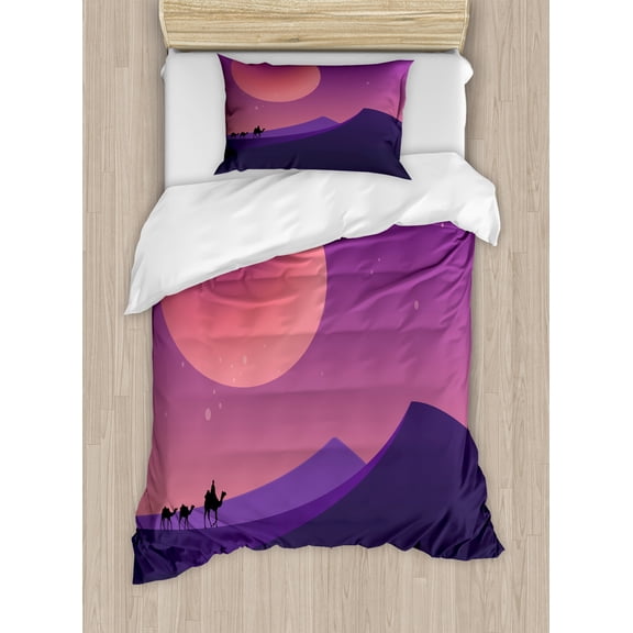 Desert Duvet Cover Set, Drought Nighttime Landscape with a Camel Caravan Passing, Decorative 2 Piece Bedding Set with 1 Pillow Shams, Twin Size, Quartz Coral, by Ambesonne