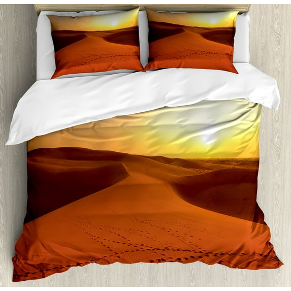 Desert Duvet Cover Set, Footprints on Sand Dunes at Sunrise Hot Dubai Landscape Travel Destination, Decorative 3 Piece Bedding Set with 2 Pillow Shams, Queen Size, Dark Orange Yellow, by Ambesonne