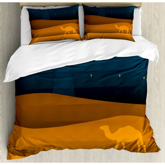 Desert Duvet Cover Set, Nighttime Dunes and a Camel Stars in the Sky, Decorative 3 Piece Bedding Set with 2 Pillow Shams, King Size, Petrol Blue Amber, by Ambesonne