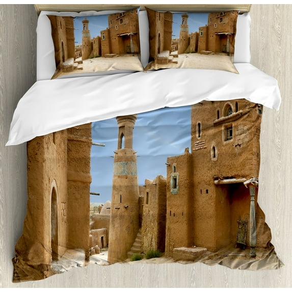 Desert Duvet Cover Set, Sarai Batu Reconstruction of Capital City of Golden Horde Russia, Decorative 3 Piece Bedding Set with 2 Pillow Shams, Queen Size, Pale Brown Pale Blue, by Ambesonne