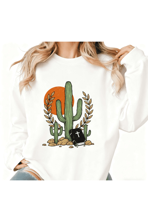 Desert Faith Aesthetic White Crewneck Print Sweatshirt Graphic Sweatshirt Cactus Bible Cross Design Western Casual S-3XL Tops