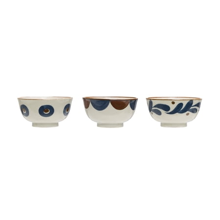 Desert Fields 6.5" White Porcelain Bowl with Handpainted Blue & Brown Pattern (Set of 3 Patterns)