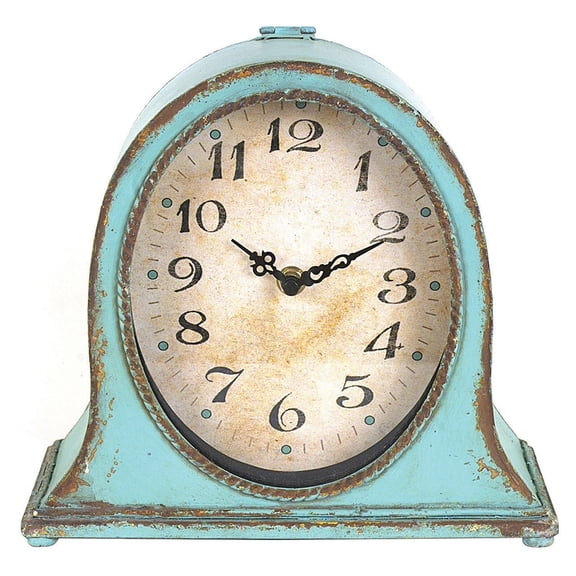 Desert Fields 9.5" x 8.5" Antique Style Metal Mantel Clock in Distressed Aqua Finish