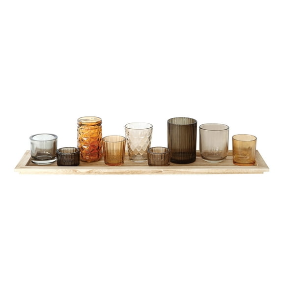 Desert Fields 9-Candle Brown Wood Tray with Glass Votive Candle Holders, Set of 10