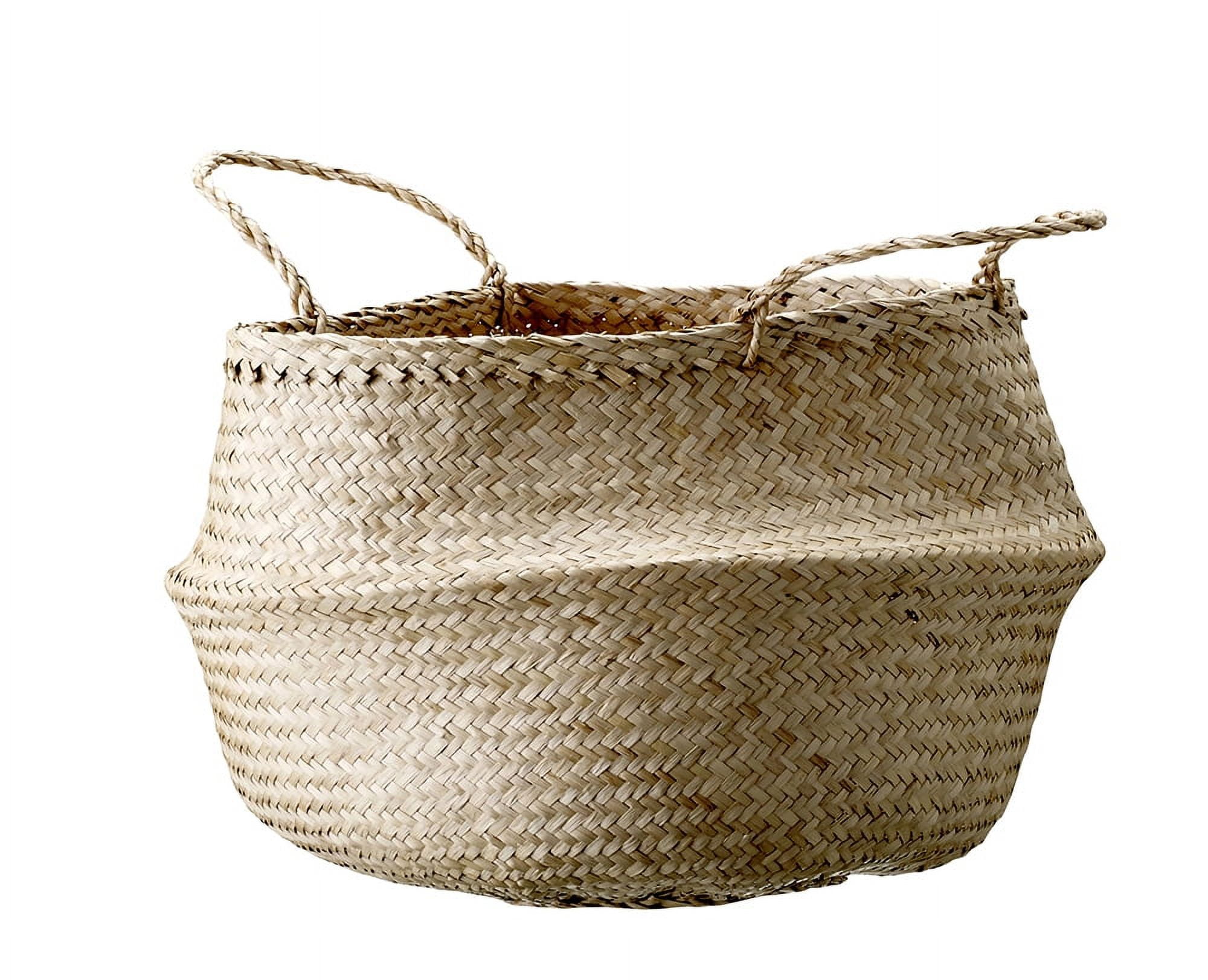 Natural Seagrass Round Collapsible Storage Basket with Handles