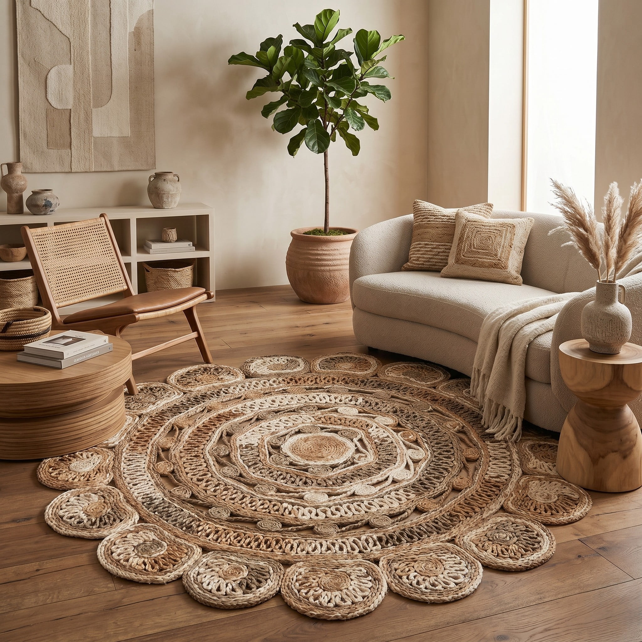 Harlow Hill Cora 7'6" Round Brown/Off White Geometric Hand Braided Reversible Jute Indoor Area Rug