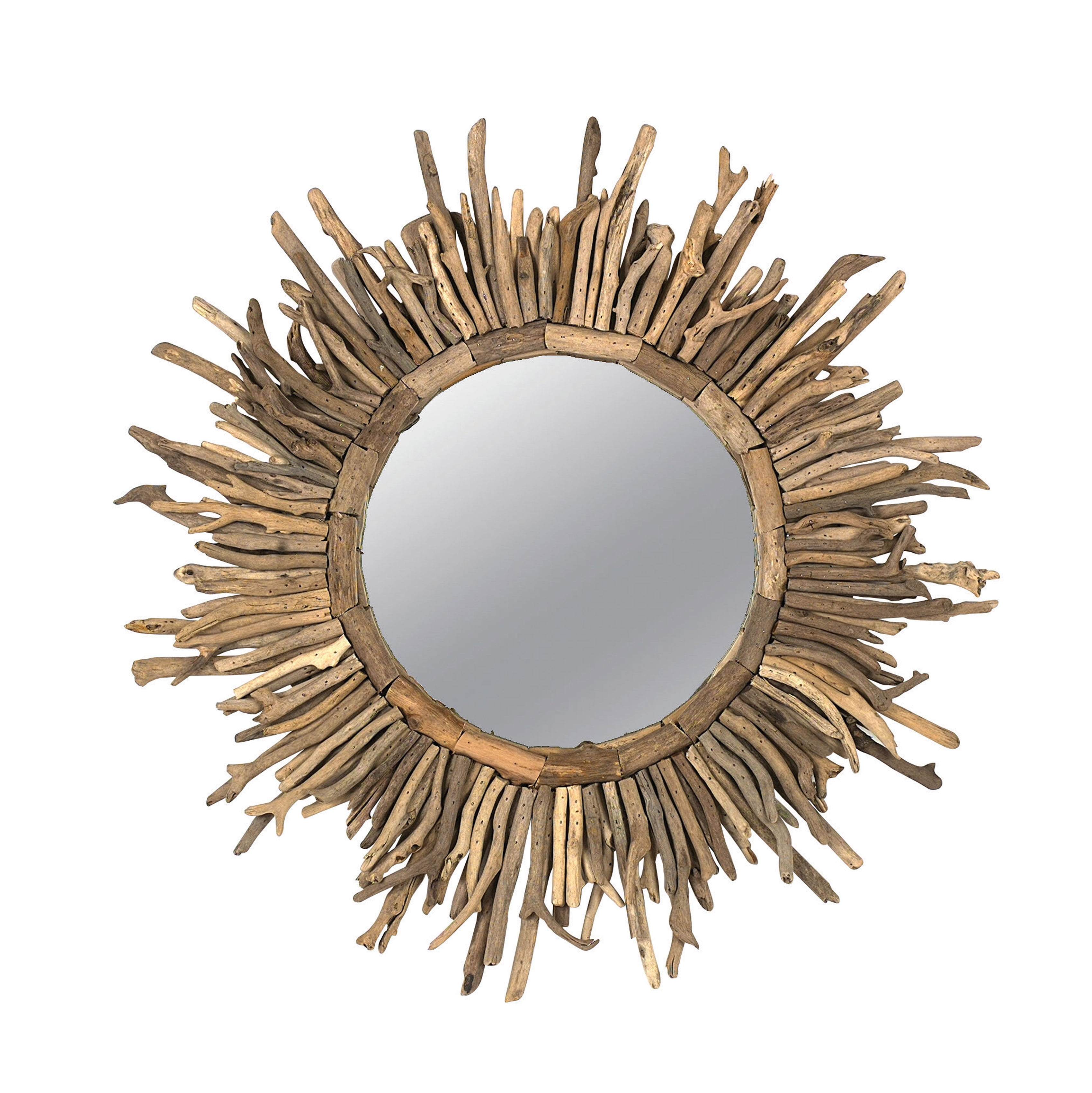 Coastal Charm Driftwood Sunburst Round Wall Mirror, 26"